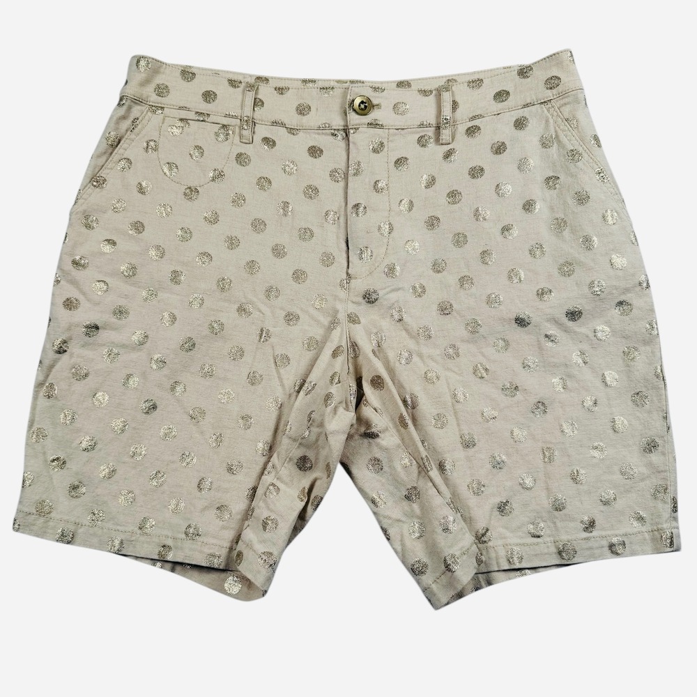 Anthropologie Shorts Womens 29 Beige Gold Metallic Polka Dot Linen Blend Casual